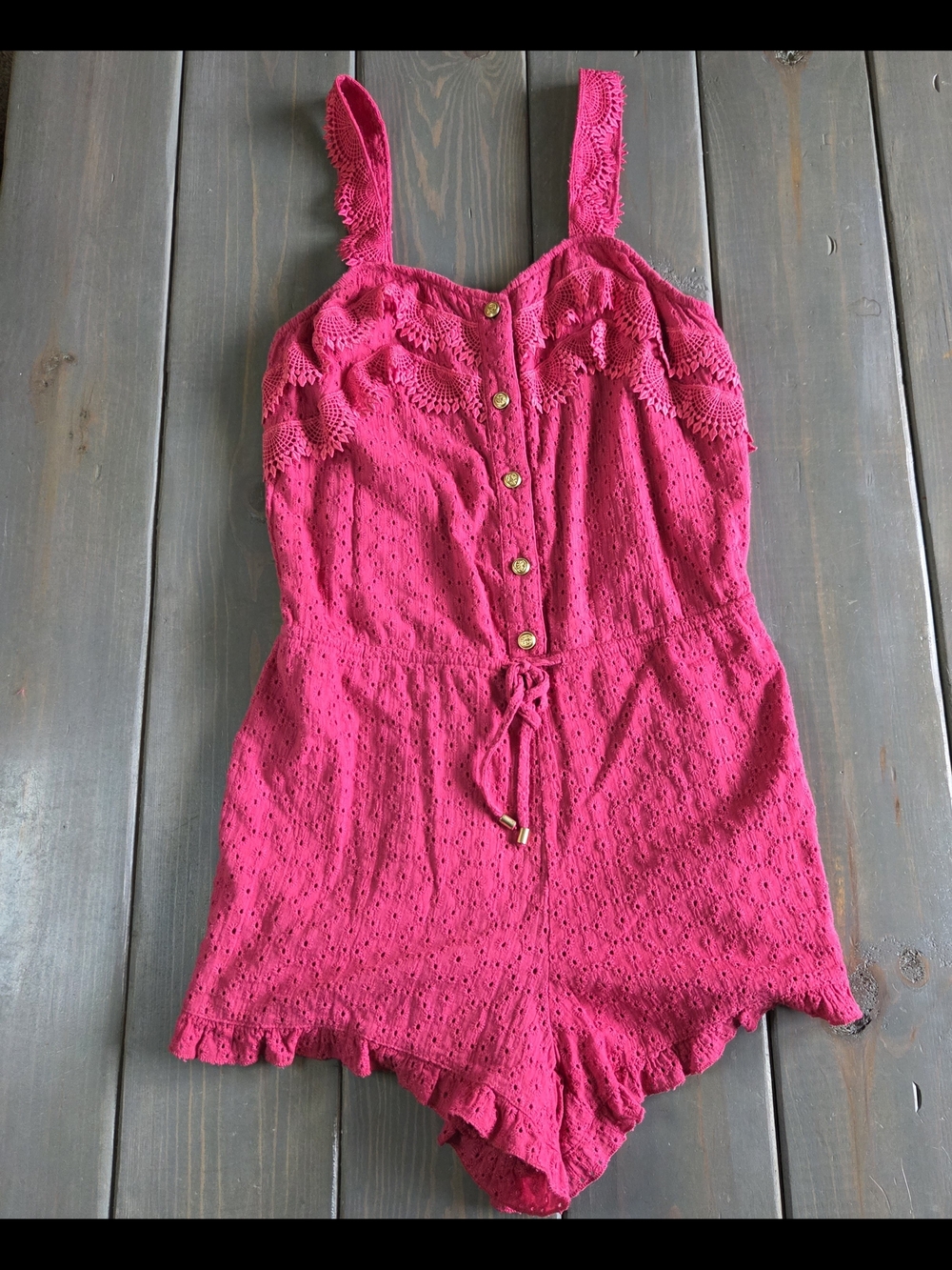 Sperry Pink Eyelet Romper Small Lace Trim Button Front Summer Boho